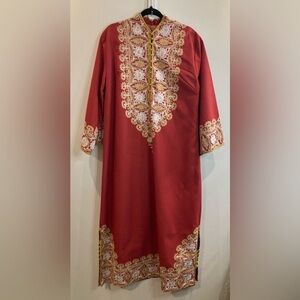 HANDMADE Kaftan Sz L Embroidered Neckline Hem and Cuffs Floor  Length